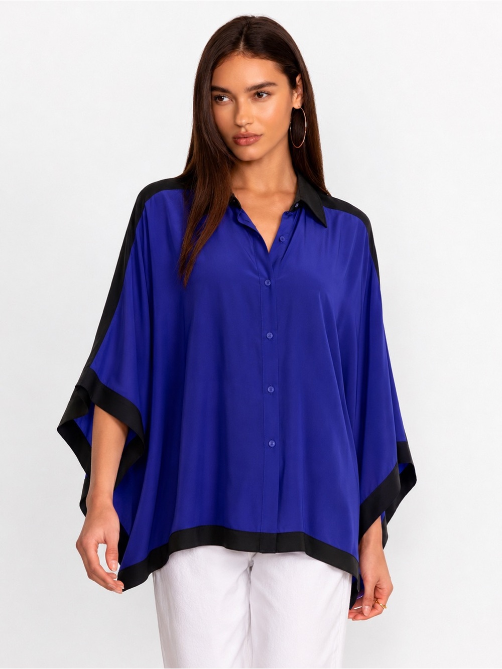 Lafayette 148 New York 100% Silk Batwing Colorblock Blouse Blue Black Size XL